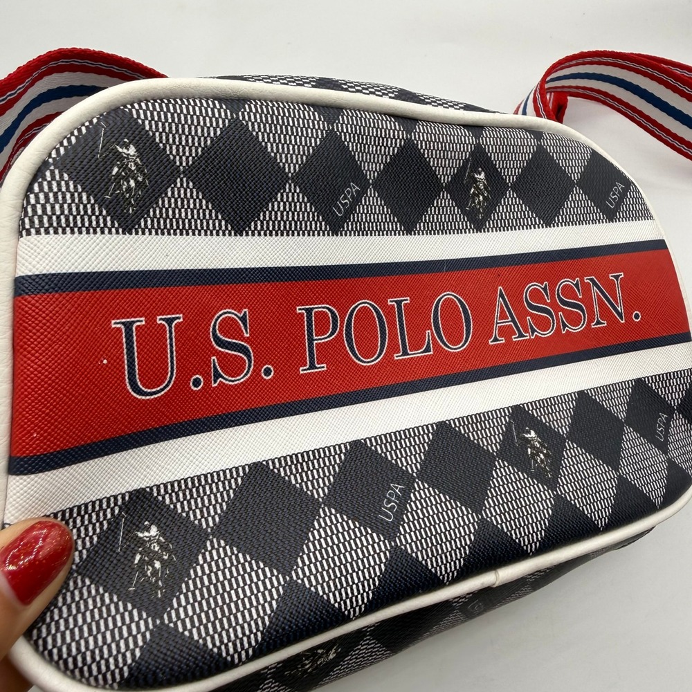 US Polo Assn Crossbody Bag Navy White Plaid Logo Strap Zipper Top New‎ w/ Tags - Picture 2 of 11
